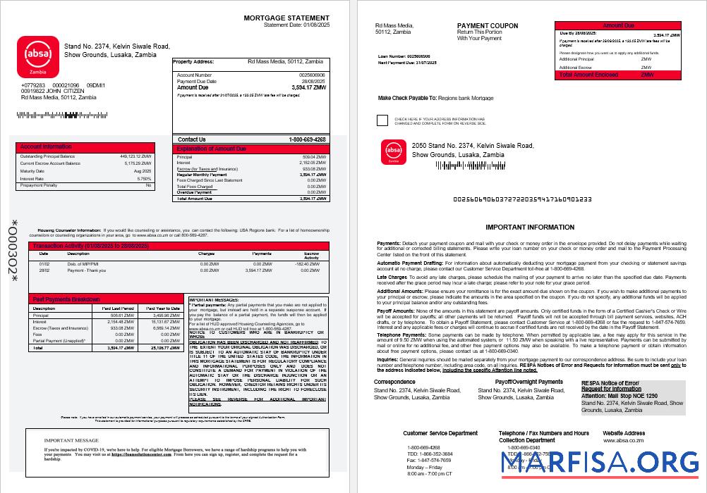Realistic Zambian Absa bank mortgage statement in Word and PDF formats 1 2 download for verification